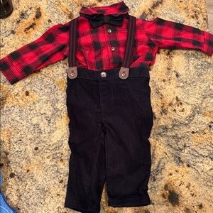 Kids Red Plaid Shirt and Black Overalls Set